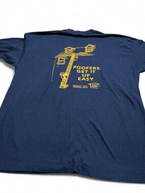 Vtg Fruit of the Loom made in USA Navy Blue tshirt Roofers Unique Tshirt Sz XL